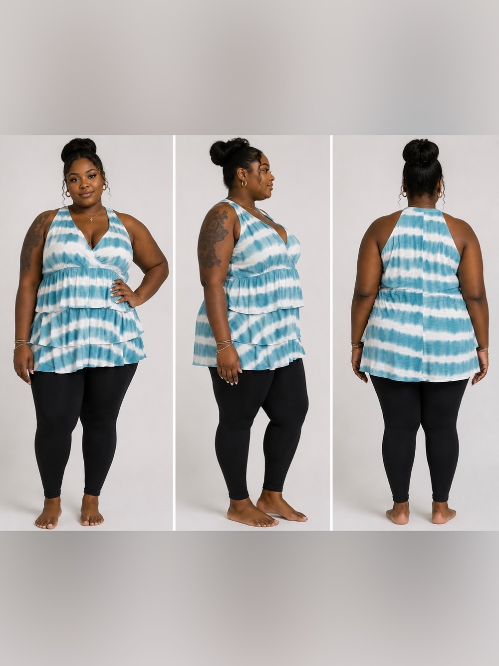 CAREN SPORT TIE-DYE TIERED RUFFLED TOP - TEAL SIZE XXL (NEW WITH TAGS) A19